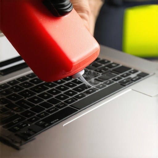 A person using compressed air to clean laptop vents to remove dust buildup.