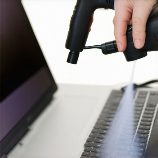 Cleaning Laptop with Compressed Air in Home Office Person using a compressed air blower to clean laptop keyboard