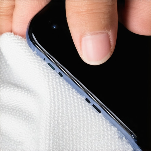 Person cleaning the proximity sensor area of a smartphone with a microfiber cloth
