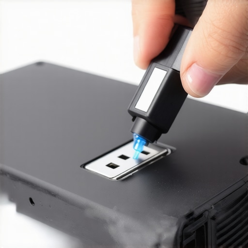 Person using compressed air to clean the USB port of an external hard drive