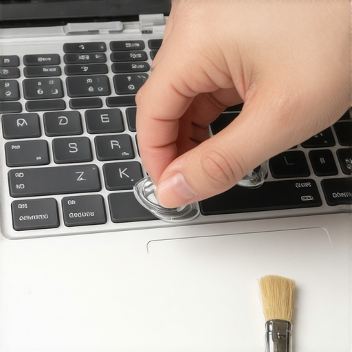 Person cleaning a laptop keyboard with compressed air and brush