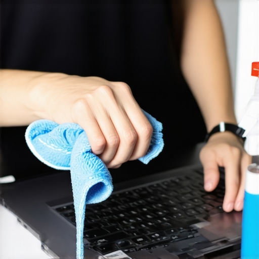 A person gently wiping a laptop screen with a microfiber cloth and cleaning solution, emphasizing careful cleaning techniques.