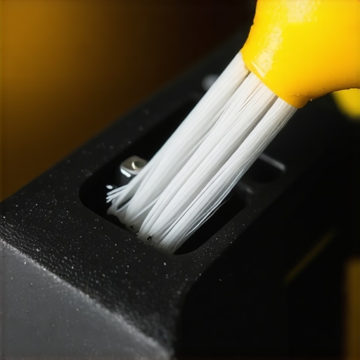 Close-up of a person cleaning a mechanical keyboard switch with compressed air and brush.
