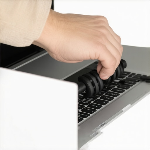 Person applying a rubber band to stabilize a laptop on an uneven desk.