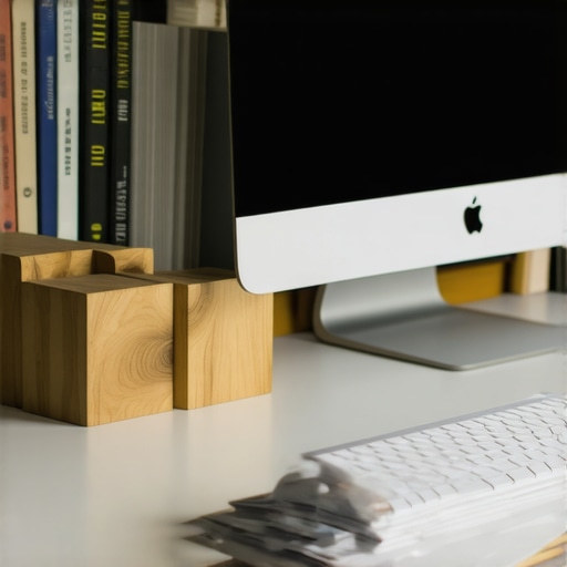 Close-up of a custom-made monitor stand from wooden blocks and books supporting a computer monitor on a clean desk