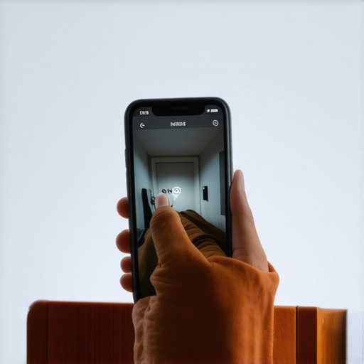 Person using a smartphone flashlight to scan a room for hidden surveillance cameras.