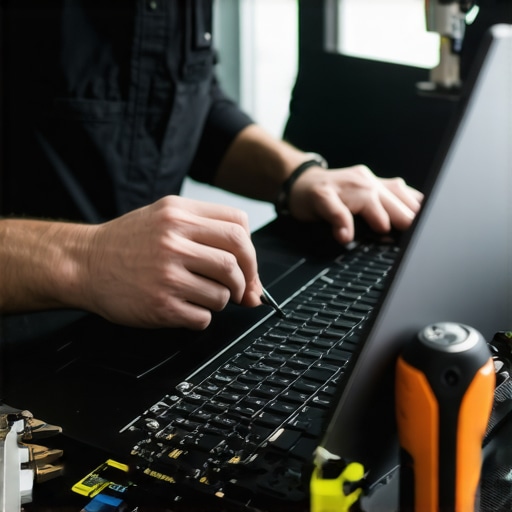 Technician cleaning and inspecting a laptop to ensure long-term performance.