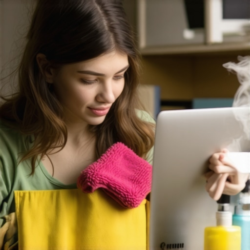 Device Maintenance in a Home Office Person cleaning a laptop with microfiber cloth and compressed air in a tidy home workspace.