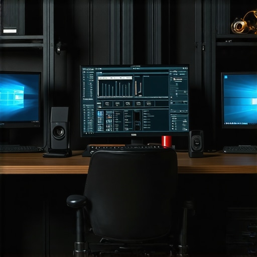 Effective Home Office Maintenance Setup Home office with cleaning tools and system diagnostics on screens