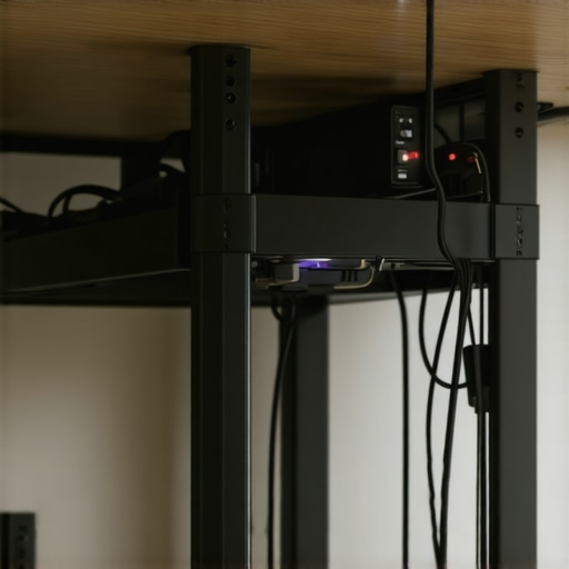Under-desk cable management with mounted power strip and concealed cables