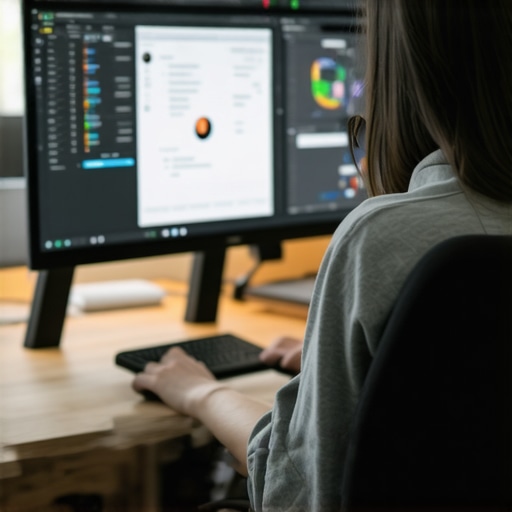 Person adjusting monitor and chair for ergonomic comfort in a bright home office environment