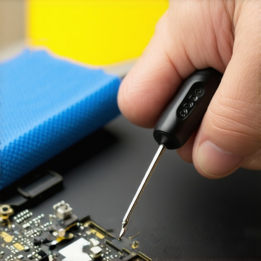 Person hand holding precision screwdriver and microfiber cloth cleaning wearable device