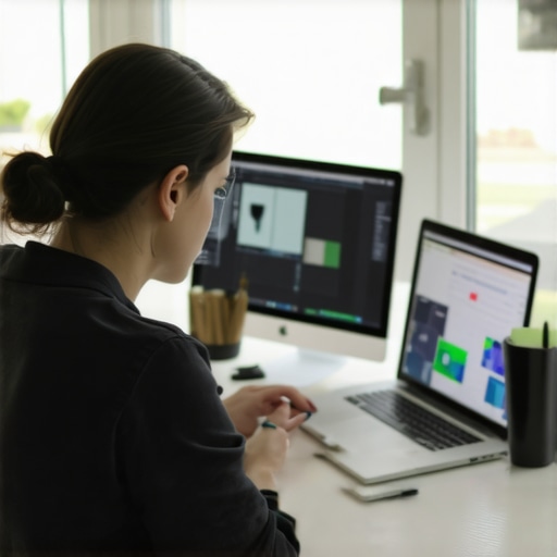 Person adjusting settings on laptop and smart gadgets in a minimalist home office