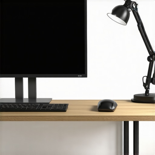 A well-lit home office with layered lighting including monitor light, desk lamp, and ambient light.