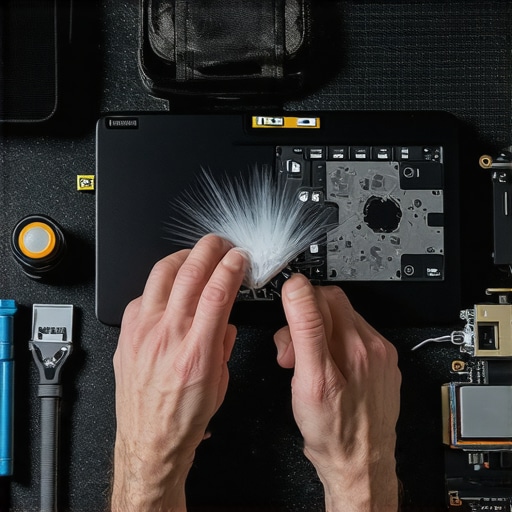 Technician cleaning and maintaining a laptop with specialized tools.