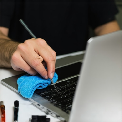 Person cleaning a laptop with microfiber cloth and tools for cleaning