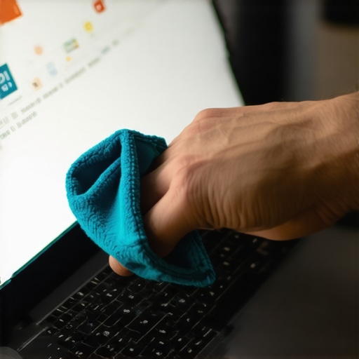 Person gently cleaning a laptop screen with a microfiber cloth