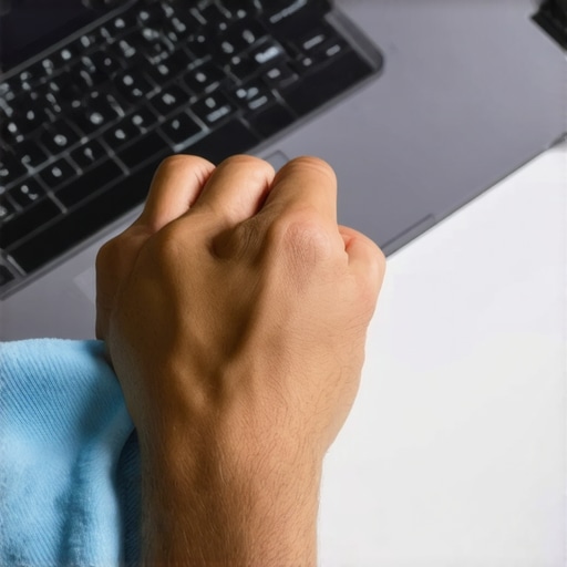 Person cleaning laptop with microfiber cloth amidst home office devices