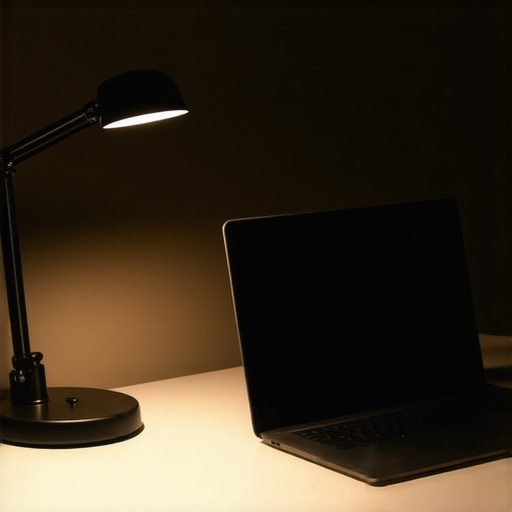 A modern workspace with adjustable desk lighting and ergonomic accessories.