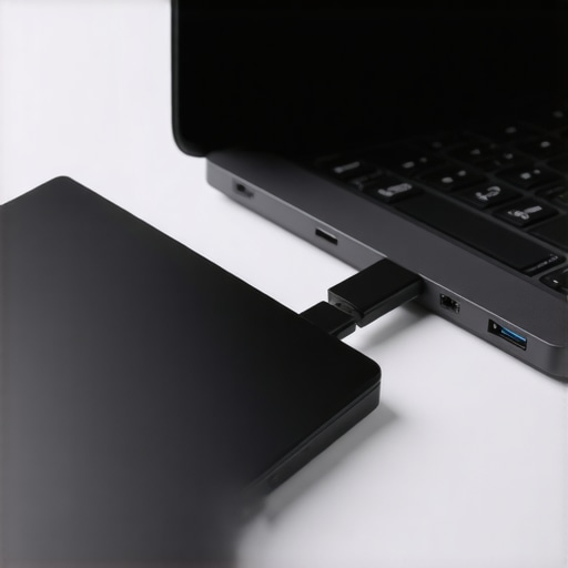 Close-up view of external SSD connected via USB 3.1 and Thunderbolt ports on a sleek laptop.