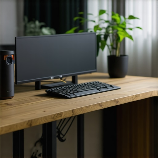 A contemporary ergonomic home office featuring smart devices, adjustable lighting, and multiple screens.
