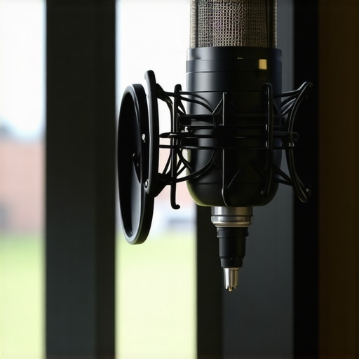 A microphone set up correctly with a pop filter on a desk in a home office