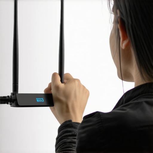 Person positioning WiFi router antennas to improve signal strength.
