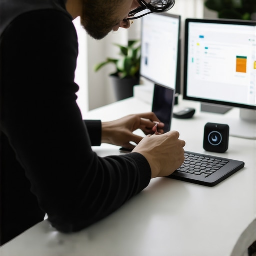 Person calibrating or setting up smart home and wearable devices in a sleek modern home office.