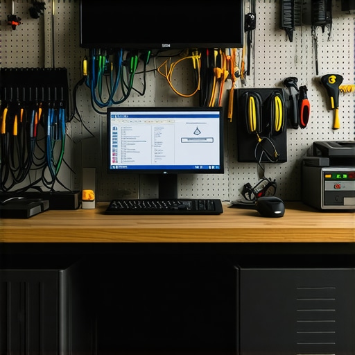 Organized Tech Workspace for Maintenance Image showing a tidy desk setup with cables neatly secured and monitoring software on screen