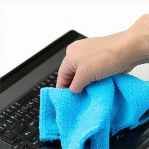 Person cleaning a laptop with microfiber cloth during repair process.