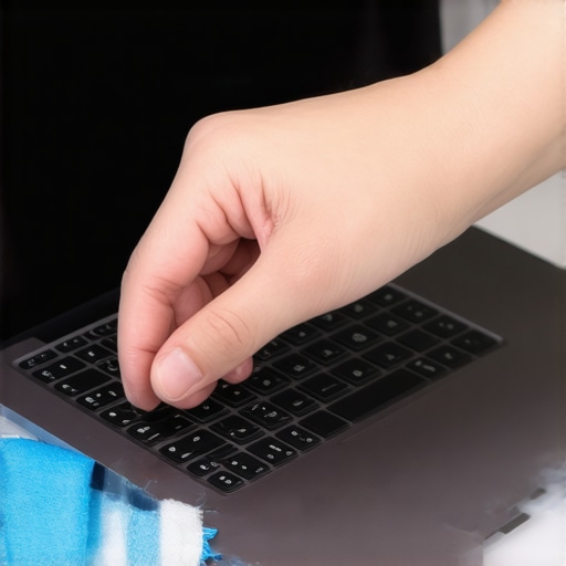 Professional Laptop Screen Cleaning in Action Person using microfiber cloth to clean a laptop screen with cleaning kit nearby.