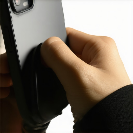 Hand holding a smartphone with a silicone grip for stable shots.
