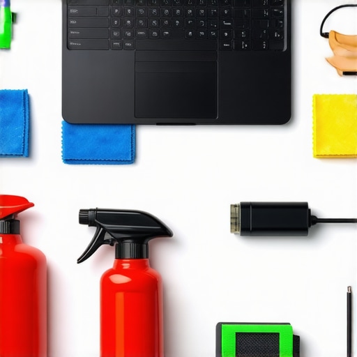 A workspace scene showing cleaning supplies and cable management tools for maintaining electronics.