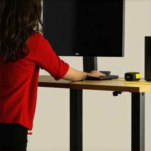 Adjusting Monitor Height for Ergonomics Individual setting up a monitor at eye level on a standing desk with measuring tape.