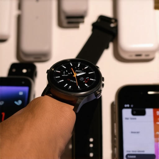 A person adjusting a smartwatch with gadgets and a calibration tool on the table.