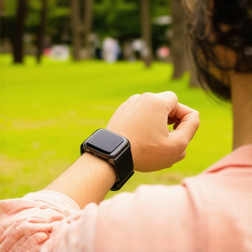 Person performing GPS calibration on smartwatch in a park with open sky