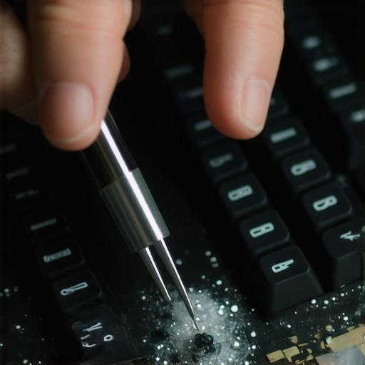 Person using compressed air and tweezers to clean keyboard switches