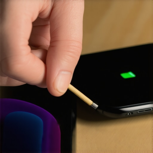 Person carefully cleaning a smartphone's charging port with a toothpick.