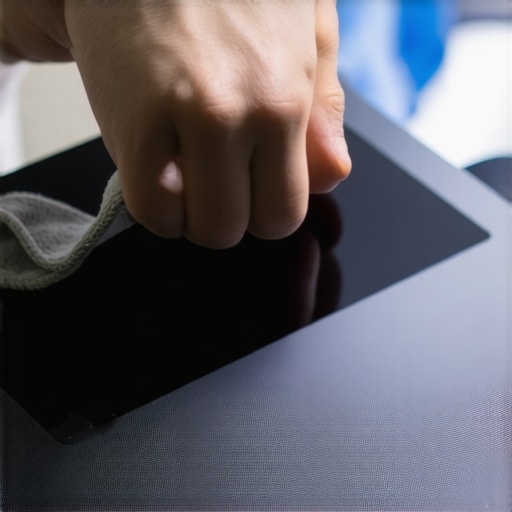A person gently wiping a laptop screen with a microfiber cloth to achieve streak-free clarity