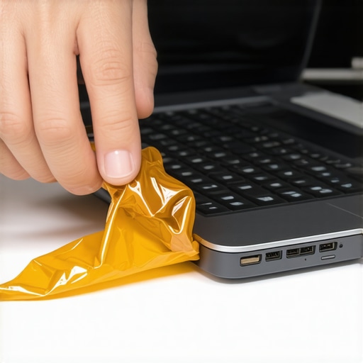 Close-up image of a hand wrapping Kapton tape around a laptop's loose power jack for a temporary fix.