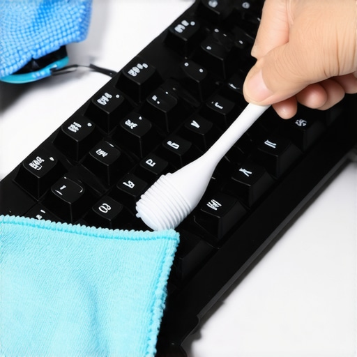 Person meticulously cleaning a gaming keyboard with cloth and brush to remove dust and grime.