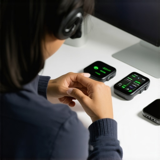 Person reviewing multiple smart wearables and gadgets in a high-tech home office.