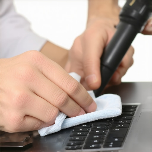 Device Maintenance Tools in Action Hands cleaning a laptop with microfiber cloth and compressed air blower during maintenance