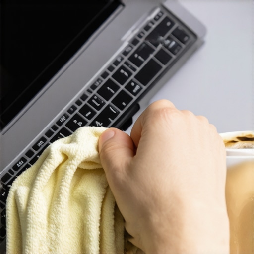 Person gently blotting a laptop with a microfiber cloth to remove excess liquid after a spill