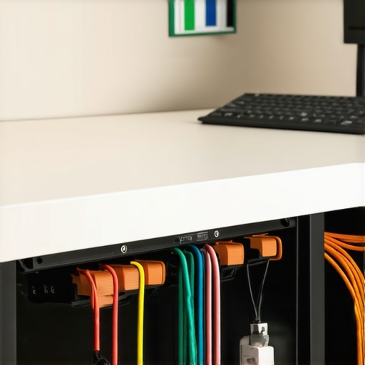 Organized cables secured under a desk using a cable tray with cable ties