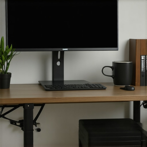 A clean and organized desk with a monitor on an adjustable stand at eye level, with a comfortable chair and organized cables