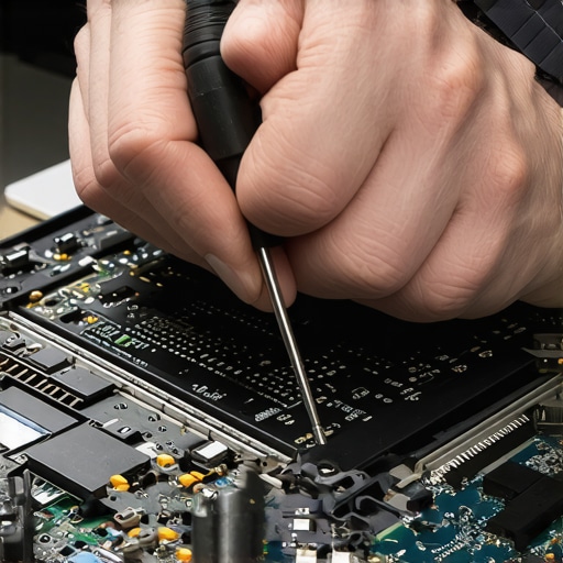 Expert Laptop Maintenance Hands using screwdriver on laptop inside workspace with tools