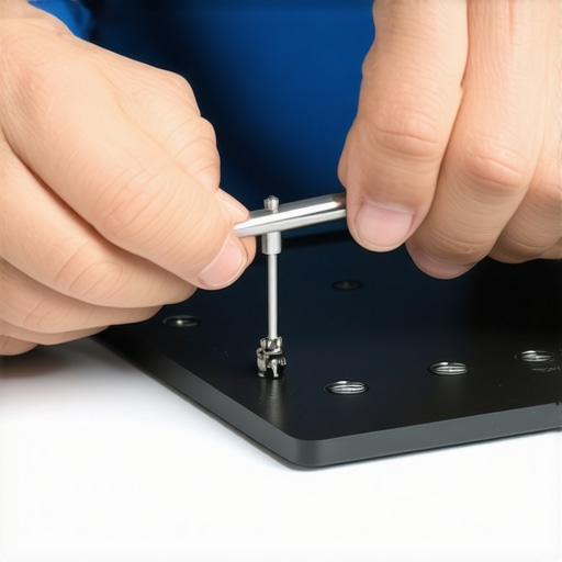 Person tightening screws on monitor stand with screwdriver in workspace.