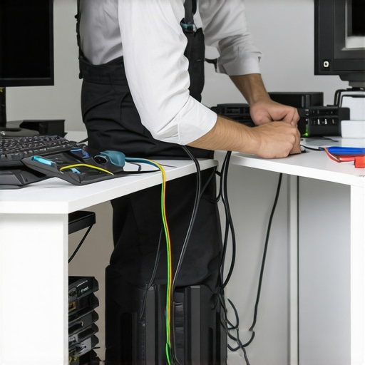 A person maintaining and organizing cables and devices in a tidy home office