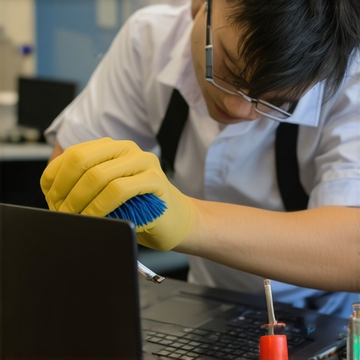 A professional cleaning and maintaining a laptop in a tech-savvy home office